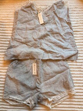 Grey Pinstripe Lace-Trim Linen Set